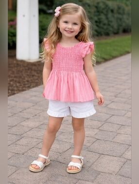 Penelope Mack 100% Cotton Ruffled Stripped Top & Short Set Pink & White 4T NWT